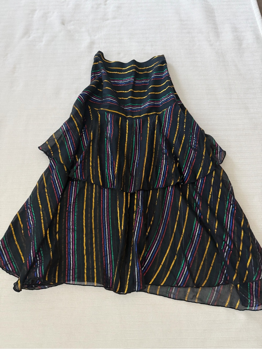 FARM Rio Rainbow Lurex Stripe Tiered Midi Skirt Black Size XS Metallic